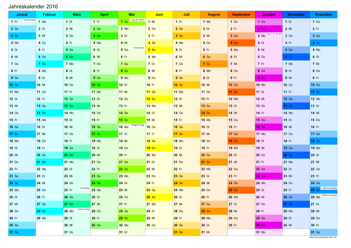 Kalender 2016 mit Feiertagen in Deutschland (de / A3)